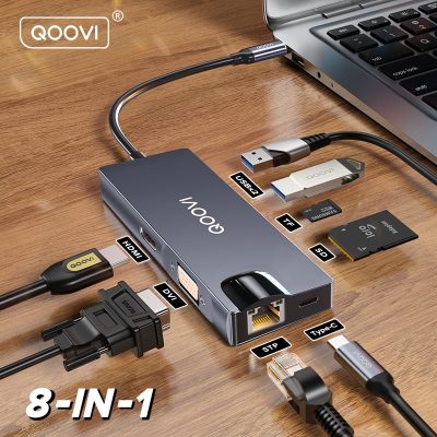 QOOVI USB C Hub Type C To HDMI-Compatible 4K 30Hz RJ45 PD TF/SD Card 8 in 1 Adapter For Macbook Pro Laptop Dock Station Splitter